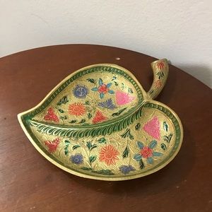 Antique colorful brass leaf shaped trinket dish catch all